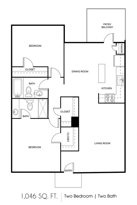 Floor plan for 2 beds, 2 baths, 1046 sqft